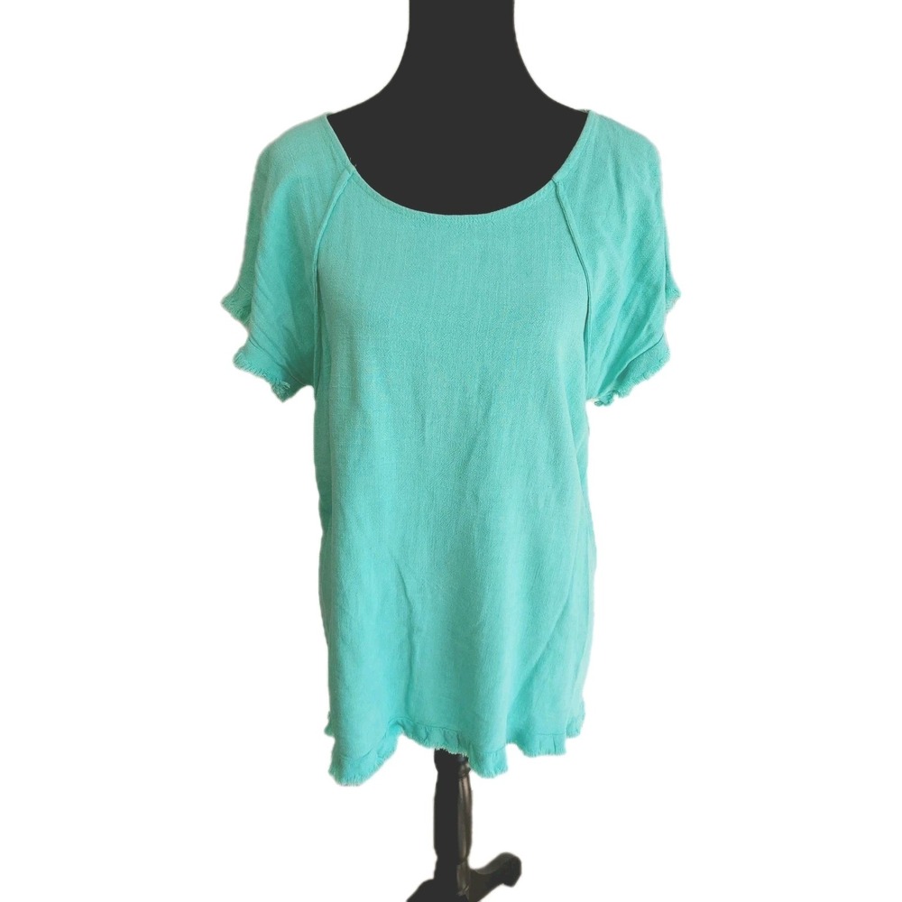 Umgee Teal Linen Blend Top Sz Small Fringe Frayed Hem Crewneck‎